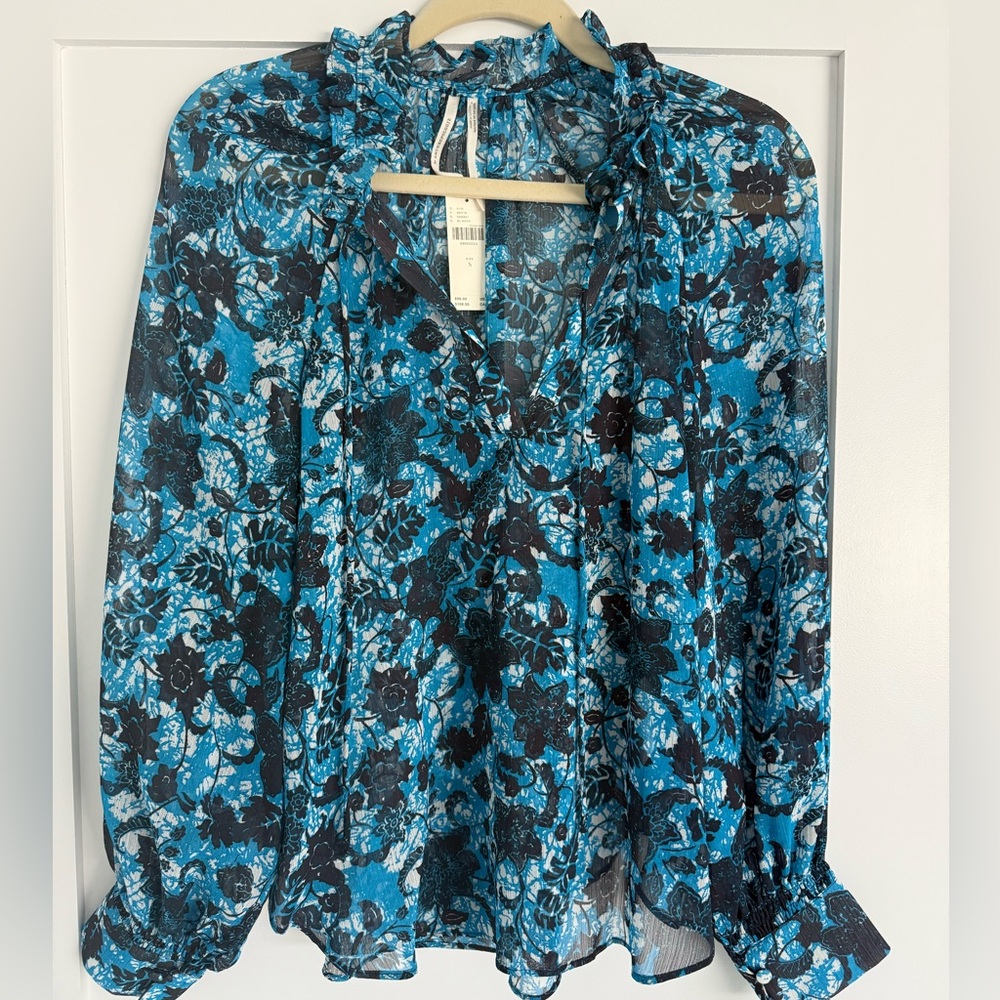 Anthropologie Blue and Black Floral Blouse